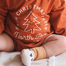 Load image into Gallery viewer, Baby Christmas Tree Romper – Rust Ochre Unisex Christmas Outfit
