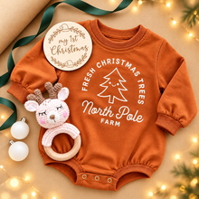 Load image into Gallery viewer, Baby Christmas Tree Romper – Rust Ochre Unisex Christmas Outfit
