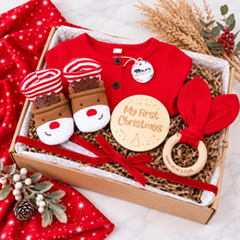 Load image into Gallery viewer, Baby’s First Christmas gift box with red baby outfit, reindeer booties, wooden keepsake and teether
