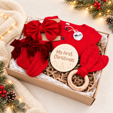 Load image into Gallery viewer, Baby Girl First Christmas Gift Set – Red Romper, Bow, Socks, Disc &amp; Teether
