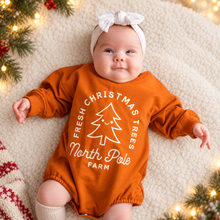 Load image into Gallery viewer, Baby Christmas Tree Romper – Rust Ochre Unisex Christmas Outfit

